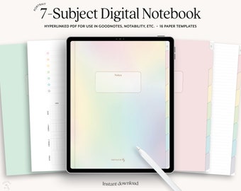 Carnet numérique 7 onglets avec liens hypertexte, journal numérique portrait, carnet Notability et Goodnotes, carnet de notes arc-en-ciel pour iPad