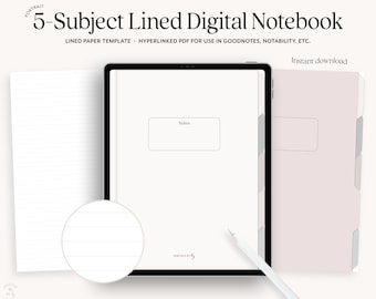Op de afbeelding: Een digitale notitieboek sjabloon voor Goodnotes en Notability. De sjabloon heeft vijf secties, elk met gestreept papier. De omslag is roze met een witte rand en de tekst "Direct downloaden".