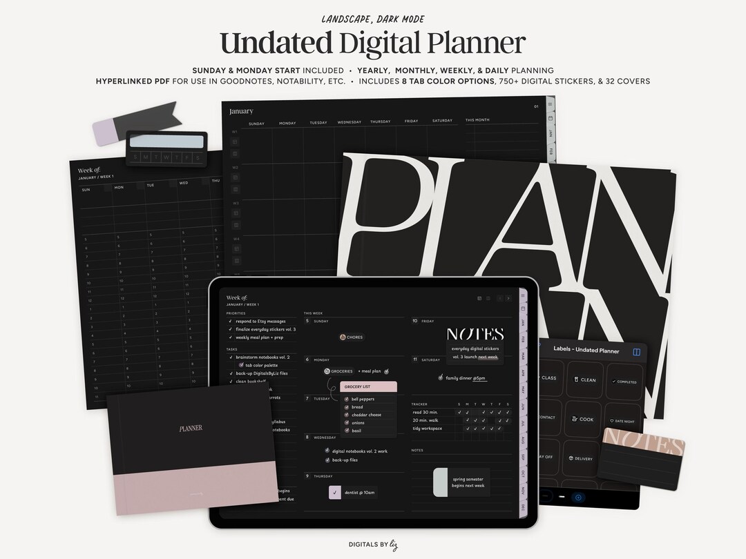 UNDATED Dark Mode Digital Planner, Landscape Undated Agenda ...