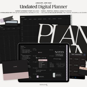 UNDATED Dark Mode Digital Planner, Landscape Undated Agenda, Hyperlinked iPad Planner, Minimalist Goodnotes Planner, Notability Planner,