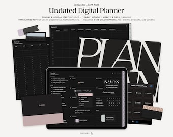 UNDATED Dark Mode Digital Planner, Landscape Undated Agenda, Hyperlinked iPad Planner, Minimalist Goodnotes Planner, Notability Planner,