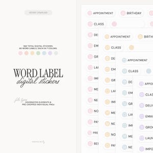 Puede incluir: Pegatinas digitales con etiquetas de palabras en varios colores. La imagen muestra pegatinas digitales con etiquetas como "Cita" y "Clase". El texto dice "Word Label digital stickers" y "560 pegatinas digitales".