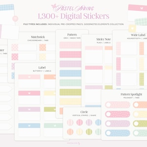 1300+ Pastell Frühling Digitale Aufkleber | Vorgeschnittene PNG & Goodnotes Elements | Sticky Notes, Tabs, Labelsfür die Digitale Planung