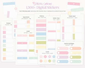 1300+ Pastell Frühling Digitale Aufkleber | Vorgeschnittene PNG & Goodnotes Elements | Sticky Notes, Tabs, Labelsfür die Digitale Planung