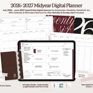 May include: A digital planner for iPad, featuring a dark brown cover with a lace design and the text "26 27". The planner includes calendar pages, to-do lists, and digital stickers. The text "2026-2027 Midyear Digital Planner" is displayed at the top.