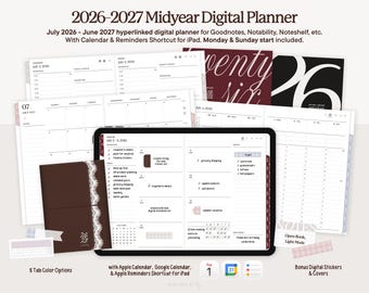 May include: A digital planner for iPad, featuring a dark brown cover with a lace design and the text "26 27". The planner includes calendar pages, to-do lists, and digital stickers. The text "2026-2027 Midyear Digital Planner" is displayed at the top.