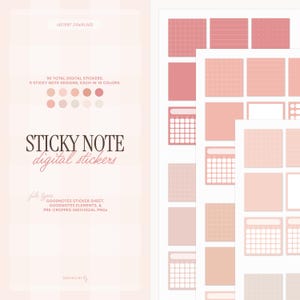 Puede incluir: Una hoja de pegatinas digitales con 90 pegatinas en total en 10 colores. Las pegatinas son de varios diseños, incluyendo cuadrícula, rayadas y en blanco. El texto "STICKY NOTE digital stickers" está en la parte superior de la hoja.