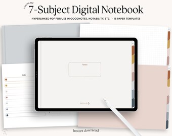 Op de afbeelding: Een digitaal notitieboek met 7 vakken, 16 papier sjablonen en een hyperlinked PDF voor gebruik in Goodnotes, Notability en andere notitie-apps. Het notitieboek heeft een lichtgrijze achtergrond met een witte indexpagina, een witte notitiepagina en een geruit blad met een roze achtergrond.