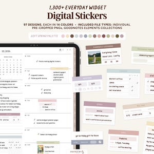 Pode incluir: Autocolantes digitais com uma paleta de primavera suave. A imagem mostra um tablet exibindo um layout de planejador com vários widgets. O texto diz "1.300+ Everyday Widget Digital Stickers" e inclui tipos de arquivos.