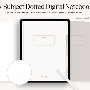 以下が含まれることがあります： Goodnotes や Notability などのノートアプリで使用できるデジタルノートテンプレートです。テンプレートは、点線の紙と「Notes」というテキストがボックスに入っている薄い灰色の表紙を持つ 5 つのセクションで構成されています。