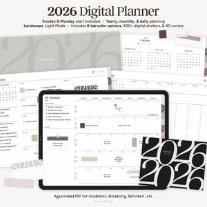 May include: A digital planner for 2026, featuring a clean, minimalist design. The image showcases a tablet displaying a calendar layout, alongside various planner pages and a cover with the year 2026. Includes yearly, monthly, and daily planning options.