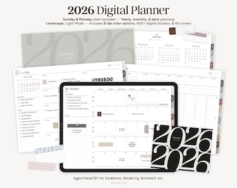 2026 Digital Planner, Landscape | Hyperlinked iPad Planner, Goodnotes Planner, Notability Planner, Minimalist Monthly Weekly Daily Planner