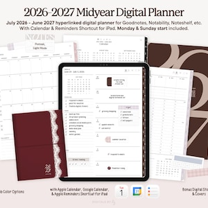 May include: A digital planner for 2026-2027, shown on an iPad, with calendar and reminder features. The image includes a burgundy cover with lace trim, calendar pages, and digital stickers. The planner is designed for Goodnotes, Notability, and Noteshelf.