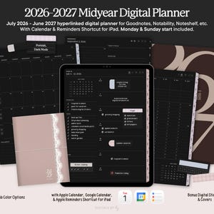 Puede incluir: Un planificador digital para 2026-2027, mostrado en un iPad, con una interfaz en modo oscuro. La imagen incluye una cubierta rosa con detalles de encaje blanco y páginas de calendario. El texto en la imagen dice: "2026-2027 Midyear Digital Planner".