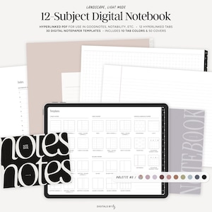 12 Subject Digital Notebook, Minimalist Landscape Digital Journal, Hyperlinked Tabs Goodnotes Notebook, Notability Notetaking Template