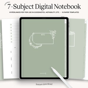 May include: A digital notebook with a green cover and white floral design. The notebook is open on a tablet screen with the text "NOTES" in a white box. The notebook is designed for use with Goodnotes, Notability, and other note-taking apps. It includes 16 paper templates.