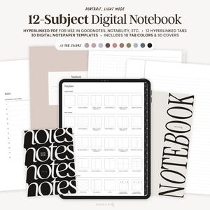12 Subject Digital Notebook, Portrait | Minimalist Portrait Digital Journal, Hyperlinked Tabs Goodnotes Notebook, Notability Note Template