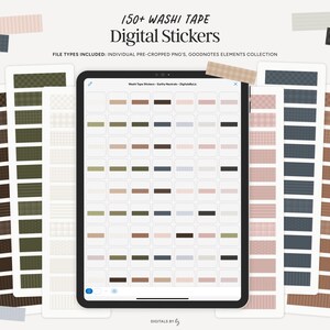 Más de 150 pegatinas digitales de cinta washi en tonos tierra neutros / PNG pre-recortado y elementos de Goodnotes / Pegatinas digitales para cuadernos, diarios y agendas