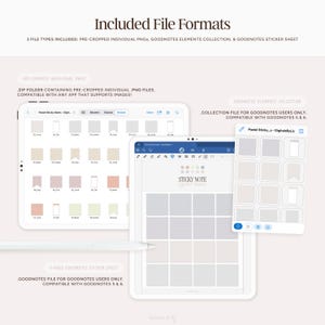May include: A digital planner with a variety of pre-cropped sticky notes in different colors and styles. The planner is compatible with Goodnotes 5 and 6. The image shows a digital tablet with the planner open and a close-up of the sticky notes.
