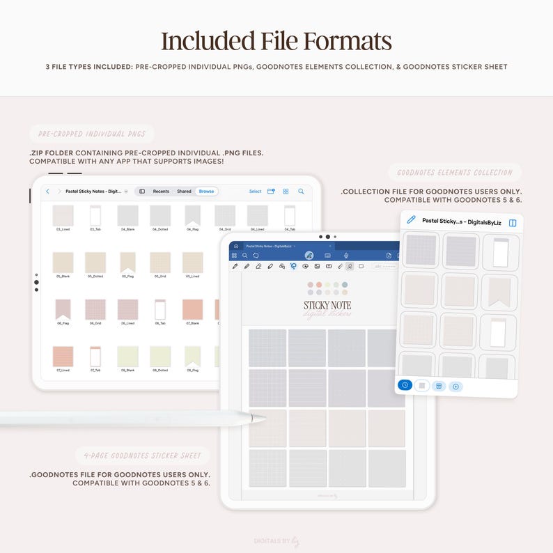 May include: A digital planner with a variety of pre-cropped sticky notes in different colors and styles. The planner is compatible with Goodnotes 5 and 6. The image shows a digital tablet with the planner open and a close-up of the sticky notes.