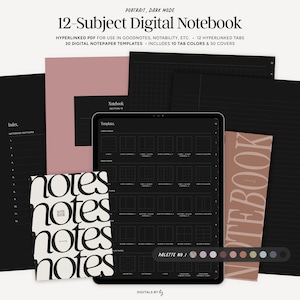 Dark Mode 12 Subject Digital Notebook, Minimalist Hyperlinked Digital Journal, Portrait Goodnotes Notebook, Notability Notetaking Template