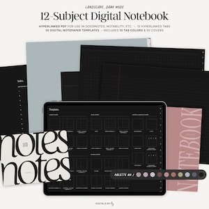 Dark Mode 12 Subject Digital Notebook, Minimalist Hyperlinked Digital Journal, Landscape Goodnotes Notebook, Notability Notetaking Template