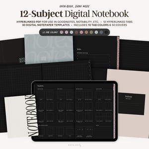 Puede incluir: Cuaderno digital en modo oscuro, con un diseño de 12 asignaturas. La imagen muestra una tableta con una plantilla de cuadrícula, rodeada de varias cubiertas y pestañas de cuadernos en diferentes colores. El texto en la imagen dice "12-Subject Digital Notebook".