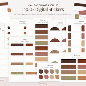 Op de afbeelding: Digitale sticker set getiteld "The Essentials Vol. 2" met meer dan 1.200 stickers. De stickers bevatten verschillende vormen, patronen en labels in herfstkleuren zoals bruin, beige en olijfgroen. De bestandstypen zijn individuele voorgesneden PNG's.