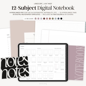 Cahier numérique 12 thèmes, paysage | Journal numérique paysage minimaliste, onglets avec liens hypertexte, carnet Goodnotes, modèle de note de personnalité