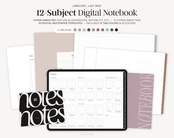 Quaderno digitale con 12 argomenti, diario digitale con paesaggio/paesaggio minimalista, schede con collegamenti ipertestuali, quaderno Goodnotes, modello di nota di rilievo