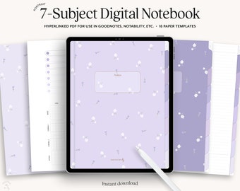 Cuaderno digital 7 pestañas hipervinculadas, diario digital vertical, cuaderno de notabilidad y buenas notas, cuaderno de lavanda púrpura para tomar notas en iPad