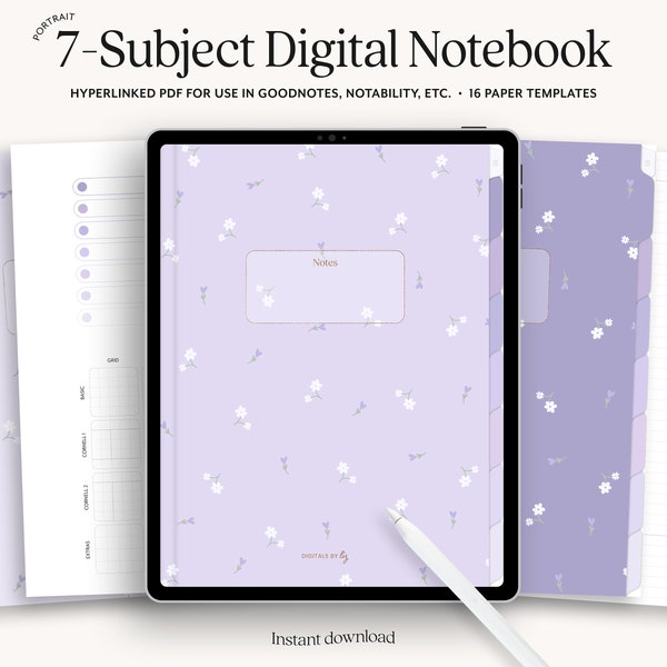 Digital Notebook 7 Hyperlinked Tabs, Portrait Digital Journal, Notability & Goodnotes Notebook, Purple Lavender Notebook for iPad Notetaking