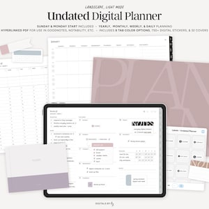 May include: An undated digital planner in landscape mode, with the text "Undated Digital Planner". The image shows a tablet, planner pages, and stickers. The planner includes yearly, monthly, weekly, and daily planning options.