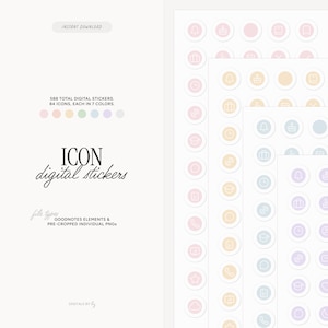Könnte beinhalten: Ein Set mit 588 digitalen Stickern für Goodnotes, mit 84 Icons in 7 Farben. Die Icons sind vorgefertigt und in verschiedenen Stilen erhältlich, darunter Glocken, Kronen, Koffer und mehr.