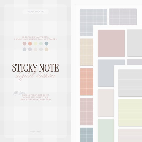 60 Digital Stickers | Pre-cropped PNG's & Goodnotes Sticker Sheet |  Goodnotes and Notability Planner/Journal/Student Pastel Sticky-Notes
