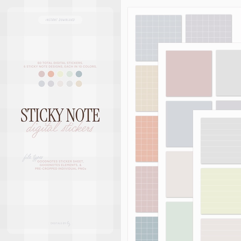 May include: A digital sticker sheet with 60 total stickers in 10 colors. The stickers are designed to look like sticky notes with different grid patterns and colors. The file types included are Goodnotes sticker sheet, Goodnotes elements, and pre-cropped individual PNGs.