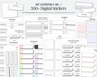 350+ Essential Digital Stickers | Pre-cropped PNGs & Goodnotes Elements | Pastel Sticky Notes, Tabs, Memopads for Digital Notes and Planners