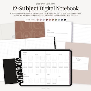 Puede incluir: Cuaderno digital de 12 asignaturas, pestañas con hipervínculos y 30 plantillas de papel digital. La imagen muestra una tableta que muestra el diseño del cuaderno, junto con varias cubiertas y colores de pestañas. El texto de la imagen dice "12-Subject Digital Notebook".