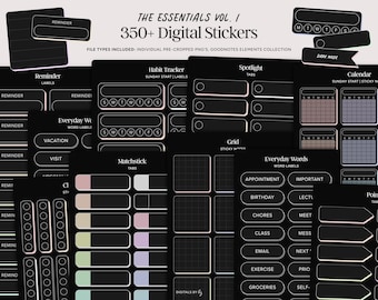 350+ Dark Mode Digital Stickers | Pre-cropped PNGs & Goodnotes Elements | Pastel Digital Sticky Notes, Tabs, Memopads for Digital Planning