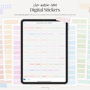 150+ digitale stickers met pastelkleurige washitape | Voorgesneden png- en Goodnotes-elementencollectie | Digitaal notitieboek, dagboek, plannerstickers