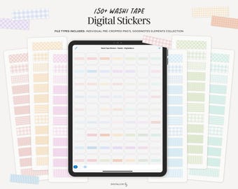 150+ Pastell Washi Tape Digitale Aufkleber | Vorgeschnittene PNG & Goodnotes Elements-Sammlung | Digitales Notizbuch, Journal, Planer Aufkleber