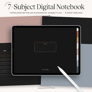 Dark Mode Digital Notebook 7 Hyperlinked Tabs, Minimalist Landscape Digital Journal, Notability & Goodnotes Notebook for iPad Notetaking