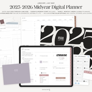 2025-2026 Midyear Digital Planner, Landscape Hyperlinked iPad Planner, Goodnotes Planner, Notability Agenda, Dated Monthly Weekly Daily