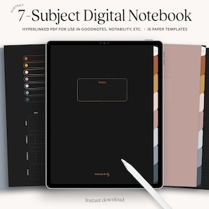 Dark Mode Digital Notebook 7 Hyperlinked Tabs, Minimalist Portrait Digital Journal, Notability & Goodnotes Notebook for iPad Notetaking
