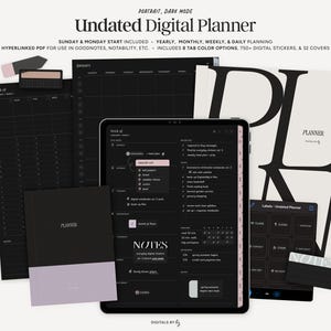 UNDATED Dark Mode Digital Planner, Portrait Undated Agenda, Hyperlinked Goodnotes Planner, Notability Planner, Minimalist iPad Planner