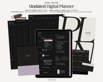 UNDATED Dark Mode Digital Planner, Portrait Undated Agenda, Hyperlinked Goodnotes Planner, Notability Planner, Minimalist iPad Planner