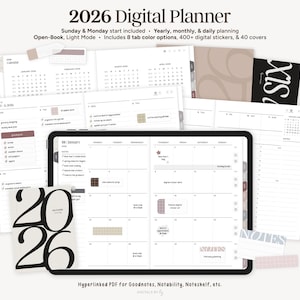 Planner digitale 2026, Planner per iPad a libro aperto/con collegamenti ipertestuali, Planner Goodnotes, Planner mensile settimanale giornaliero minimalista, Diario digitale 2026