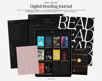 Dark Mode Digital Reading Journal, Portrait | Hyperlinked Book Journal, Goodnotes Book Tracker, Notability Reading Log, iPad Reading Planner