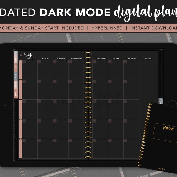 Undated Dark Mode Hyperlinked Digital Planner | Open-Book Style | Notability, Goodnotes Blackout Digital Planner | Monthly & Weekly Planner