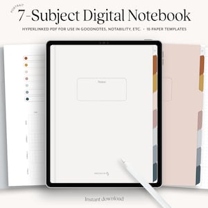 Digital Notebook 7 Hyperlinked Tabs, Portrait Digital Journal, Notability and Goodnotes Notebook, Minimalist Notebook for iPad Notetaking